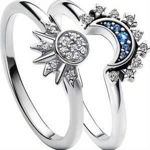 2pcs Bohemian Style Ring Set, Rhinestone, Sun & Blue Crescent Moon Design Size 7